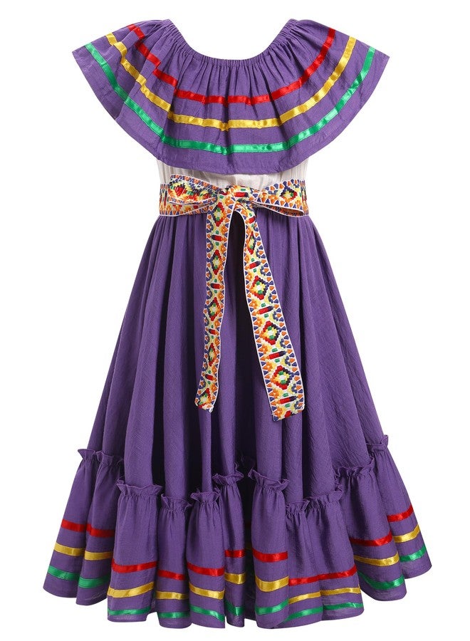 ODIZLI Mexican Dress for Girls Traditional Cinco de Mayo Fiesta Dresses for Toddler Girl Off-Shoulder Sleeveless Kids Vestidos Tipicos Mexicanos Flamenco Dress Ruffle Drape A Line Dress Purple 9-10 Years - Image 1